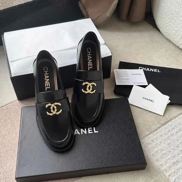 CHANEL Black Flats with Gold Logo - Picture 1 of 4